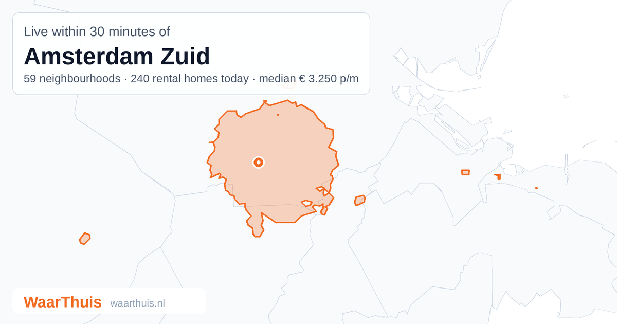 Map: the area within 30 minutes of Amsterdam Zuid by public transport, with the neighbourhoods inside it
