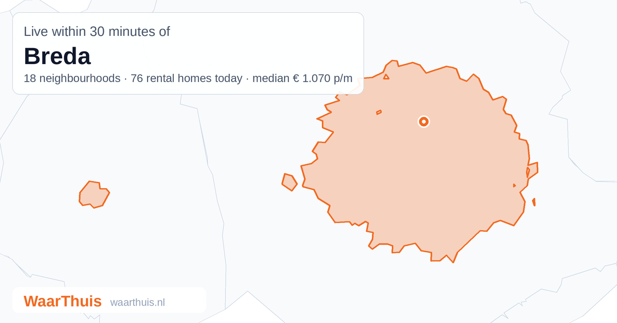 Map: the area within 30 minutes of Breda by public transport, with the neighbourhoods inside it