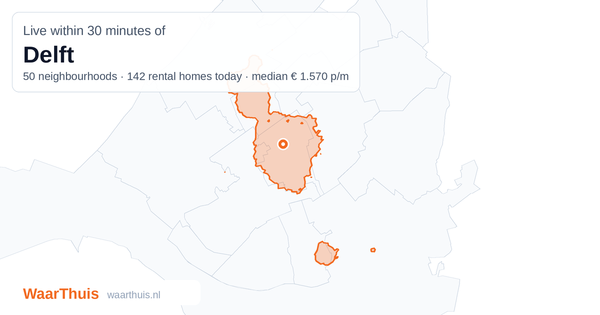 Map: the area within 30 minutes of Delft by public transport, with the neighbourhoods inside it