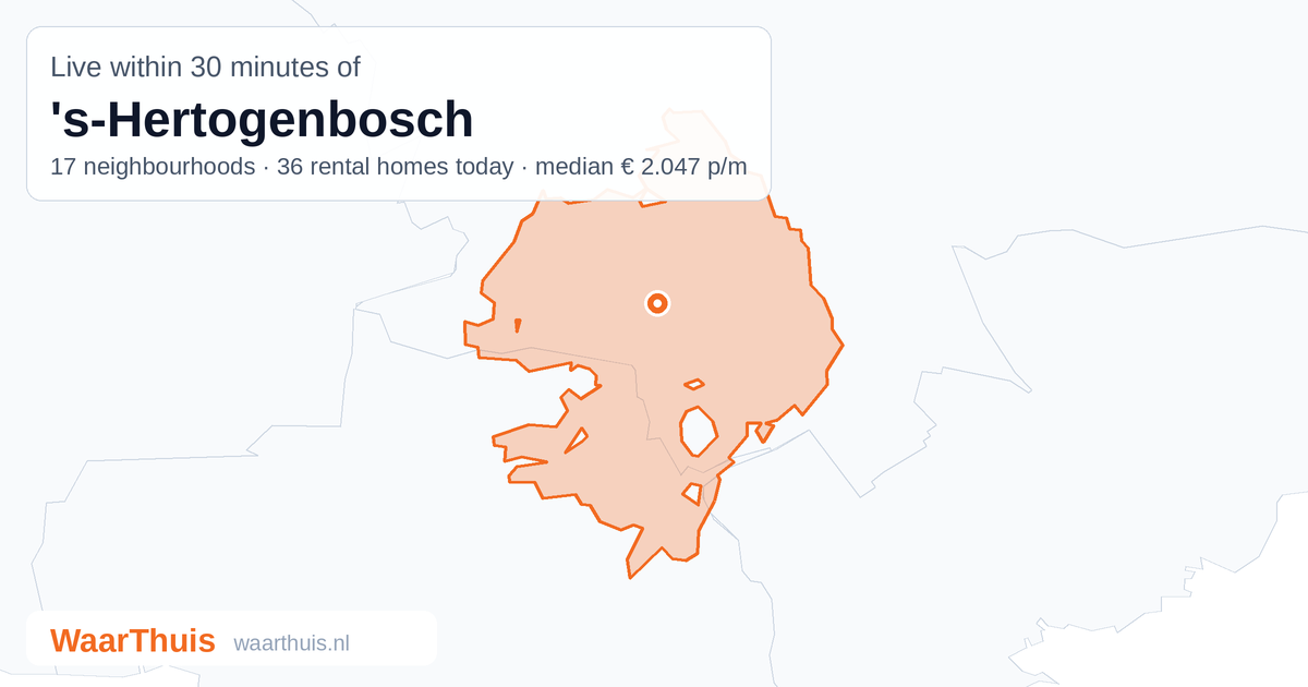 Map: the area within 30 minutes of 's-Hertogenbosch by public transport, with the neighbourhoods inside it
