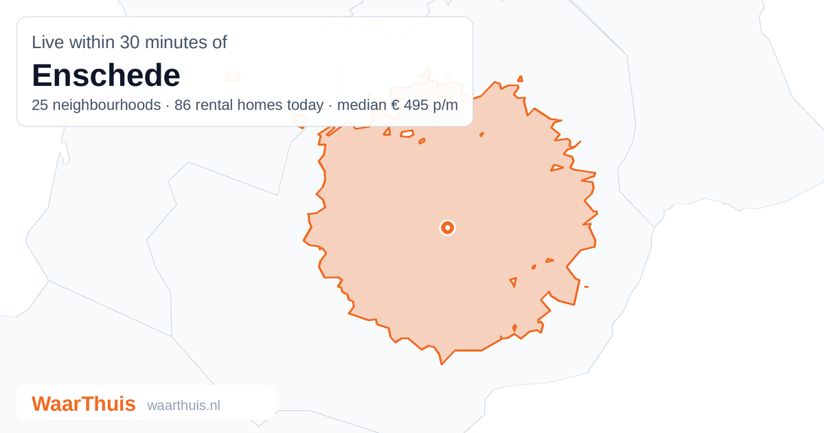 Map: the area within 30 minutes of Enschede by public transport, with the neighbourhoods inside it