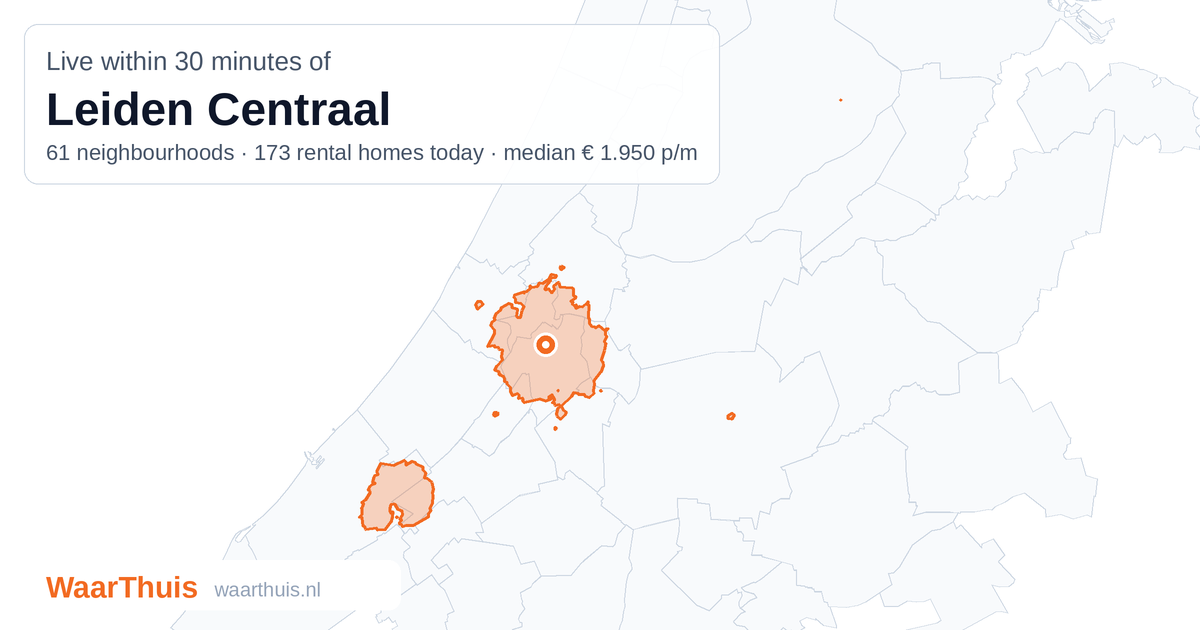 Map: the area within 30 minutes of Leiden Centraal by public transport, with the neighbourhoods inside it