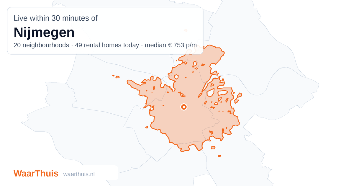Map: the area within 30 minutes of Nijmegen by public transport, with the neighbourhoods inside it