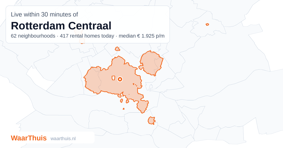 Map: the area within 30 minutes of Rotterdam Centraal by public transport, with the neighbourhoods inside it