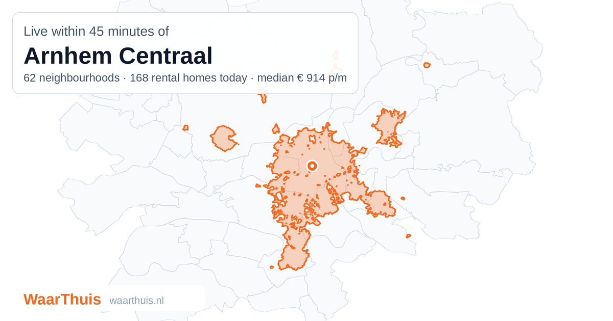 Map: the area within 45 minutes of Arnhem Centraal by public transport, with the neighbourhoods inside it