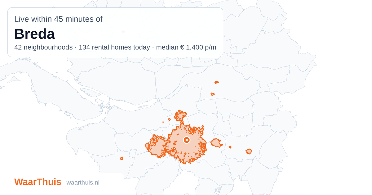 Map: the area within 45 minutes of Breda by public transport, with the neighbourhoods inside it