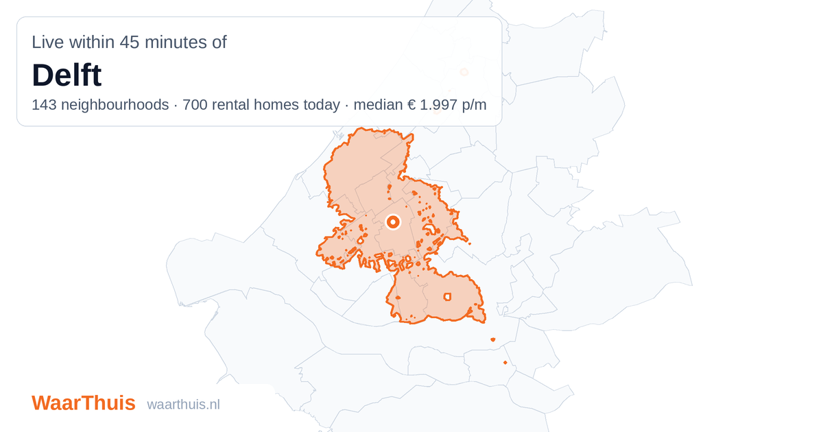 Map: the area within 45 minutes of Delft by public transport, with the neighbourhoods inside it