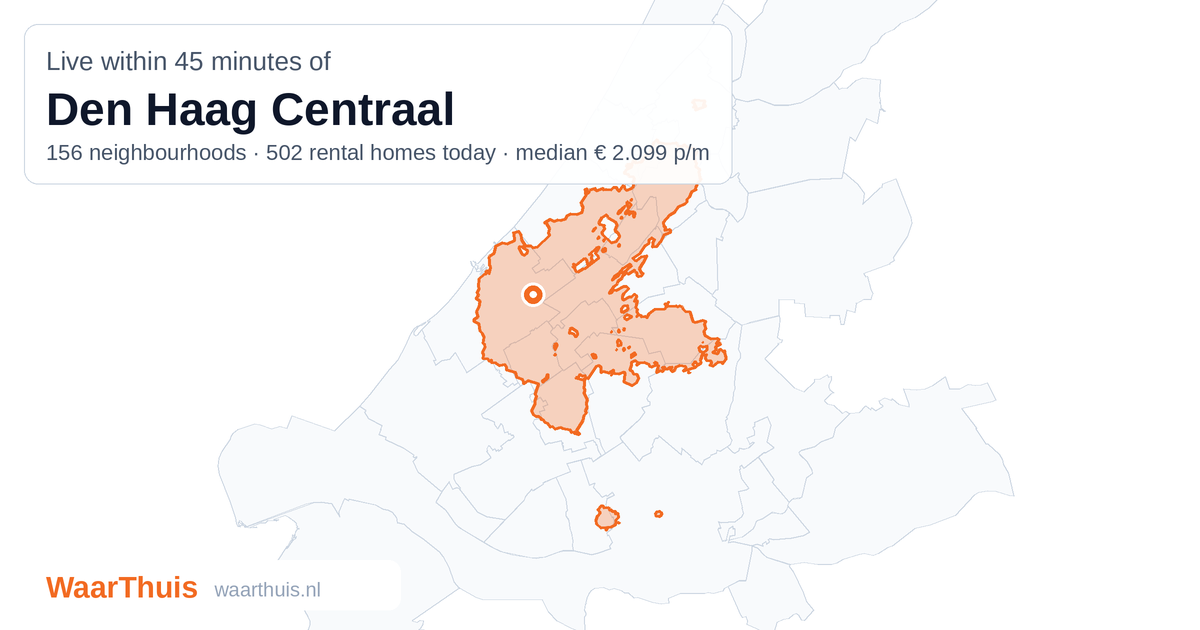 Map: the area within 45 minutes of Den Haag Centraal by public transport, with the neighbourhoods inside it