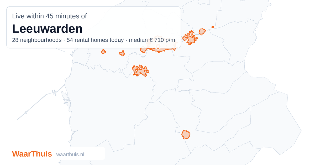 Map: the area within 45 minutes of Leeuwarden by public transport, with the neighbourhoods inside it
