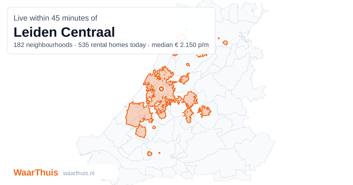 Map: the area within 45 minutes of Leiden Centraal by public transport, with the neighbourhoods inside it
