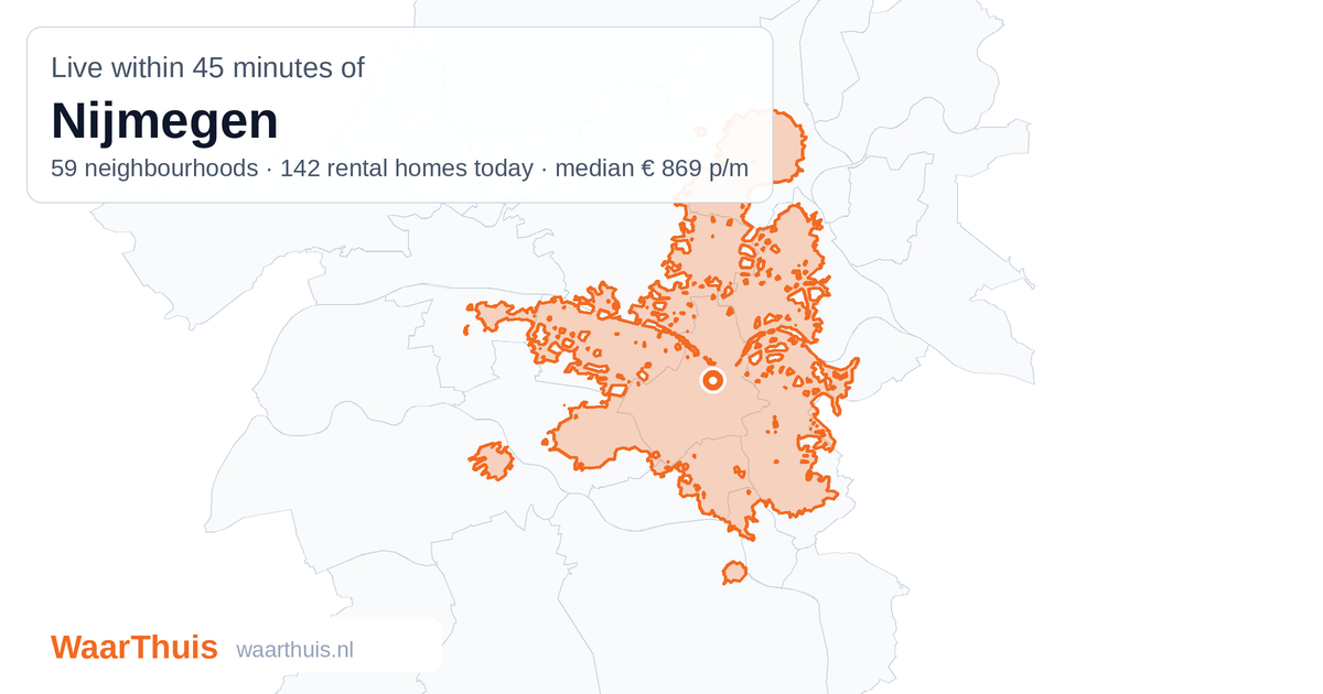 Map: the area within 45 minutes of Nijmegen by public transport, with the neighbourhoods inside it