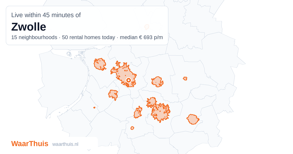 Map: the area within 45 minutes of Zwolle by public transport, with the neighbourhoods inside it