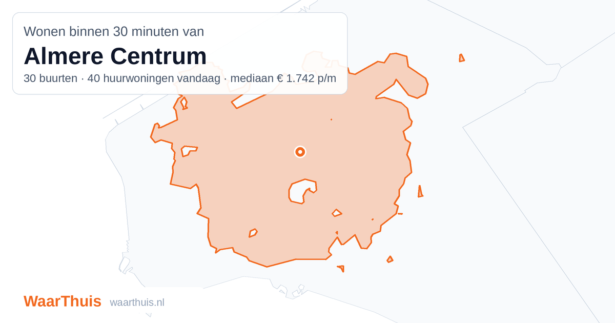 Kaart: het gebied binnen 30 minuten met het openbaar vervoer van Almere Centrum, met de buurten die erin liggen