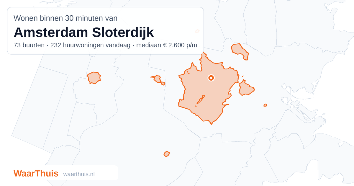 Kaart: het gebied binnen 30 minuten met het openbaar vervoer van Amsterdam Sloterdijk, met de buurten die erin liggen