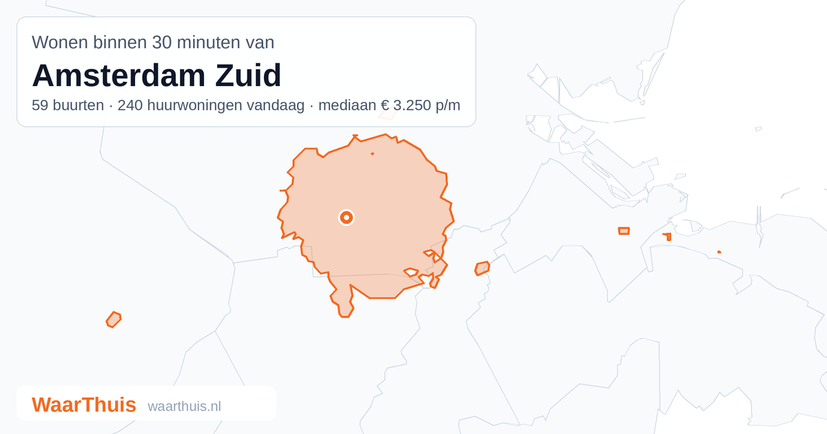 Kaart: het gebied binnen 30 minuten met het openbaar vervoer van Amsterdam Zuid, met de buurten die erin liggen