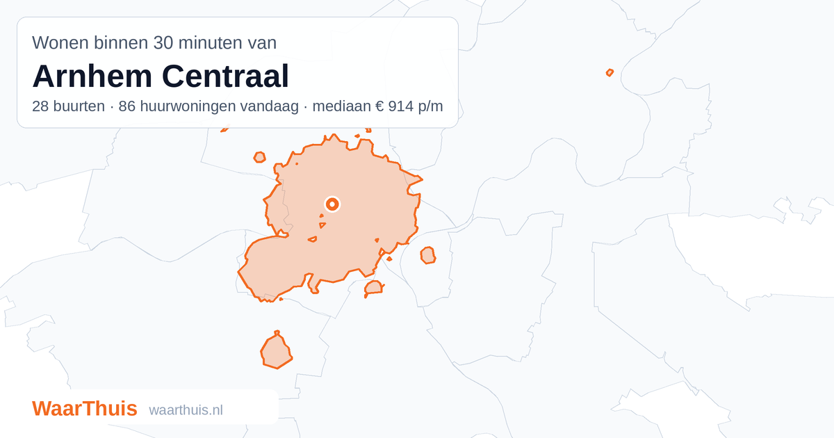 Kaart: het gebied binnen 30 minuten met het openbaar vervoer van Arnhem Centraal, met de buurten die erin liggen