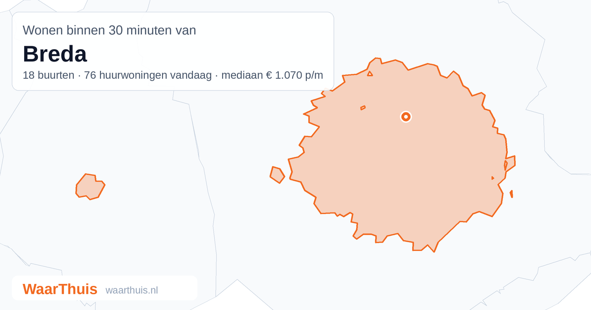 Kaart: het gebied binnen 30 minuten met het openbaar vervoer van Breda, met de buurten die erin liggen
