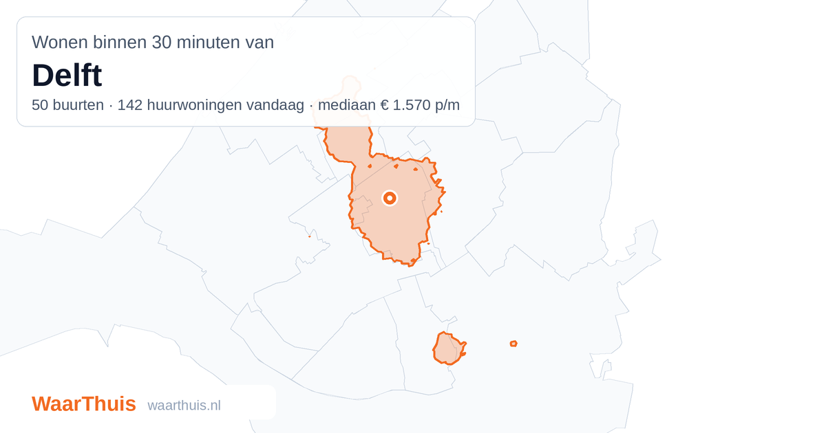Kaart: het gebied binnen 30 minuten met het openbaar vervoer van Delft, met de buurten die erin liggen