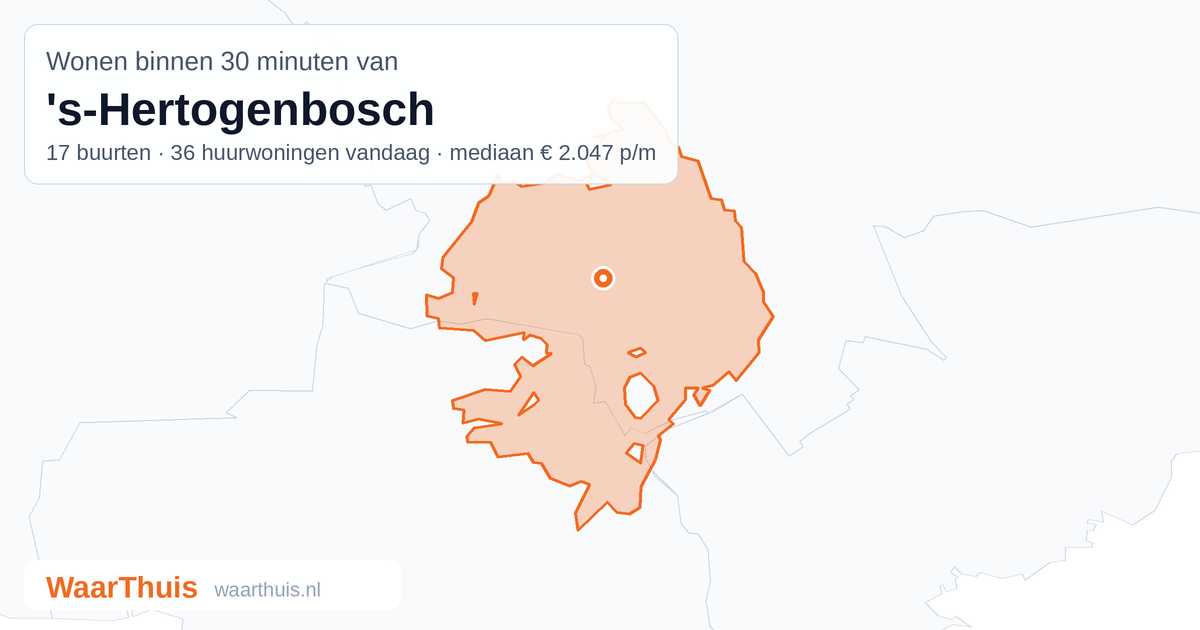 Kaart: het gebied binnen 30 minuten met het openbaar vervoer van 's-Hertogenbosch, met de buurten die erin liggen