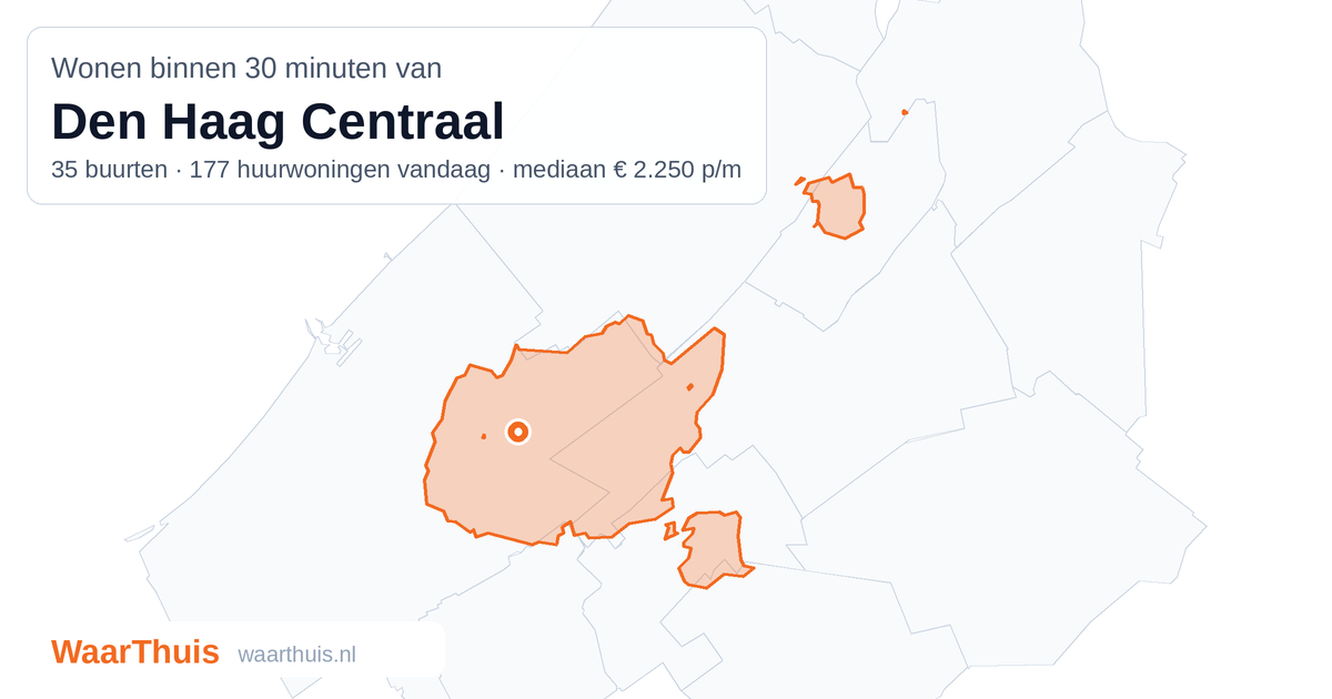 Kaart: het gebied binnen 30 minuten met het openbaar vervoer van Den Haag Centraal, met de buurten die erin liggen