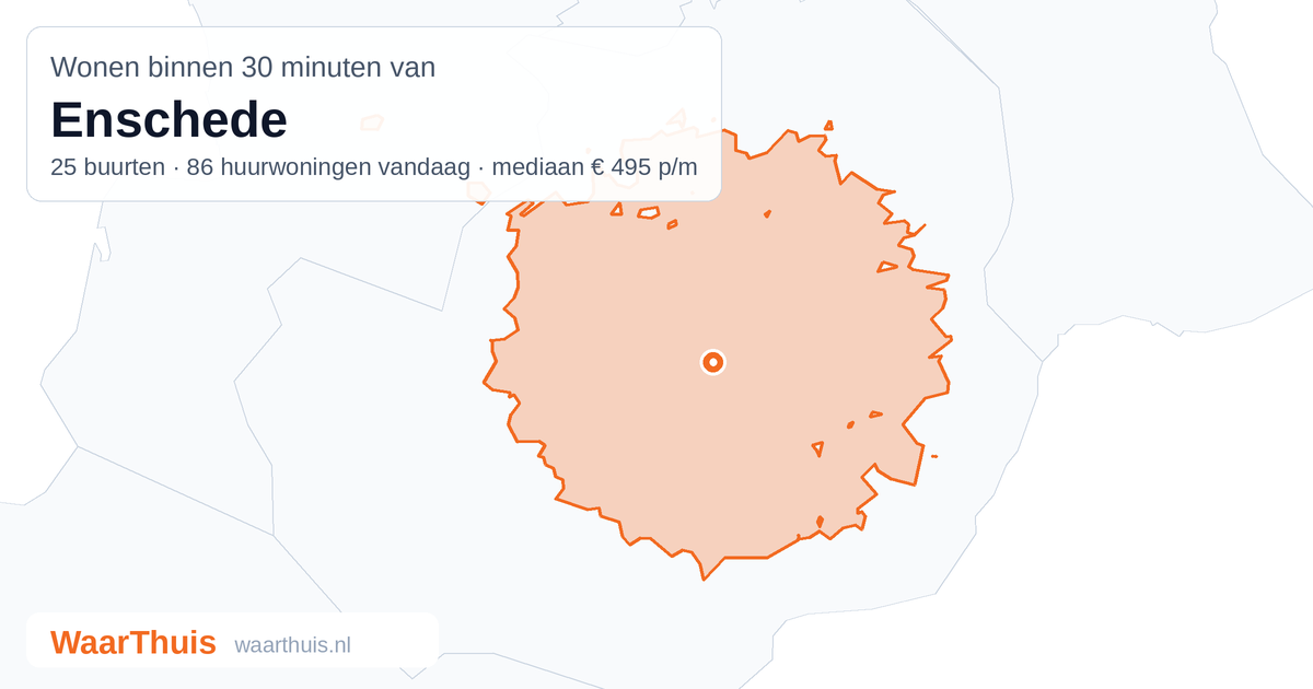 Kaart: het gebied binnen 30 minuten met het openbaar vervoer van Enschede, met de buurten die erin liggen