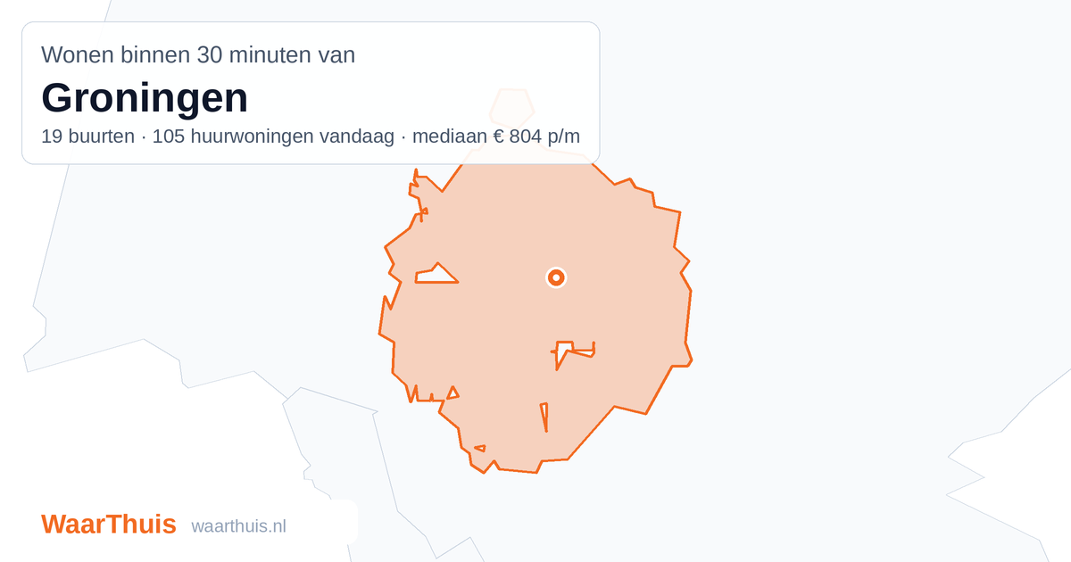 Kaart: het gebied binnen 30 minuten met het openbaar vervoer van Groningen, met de buurten die erin liggen