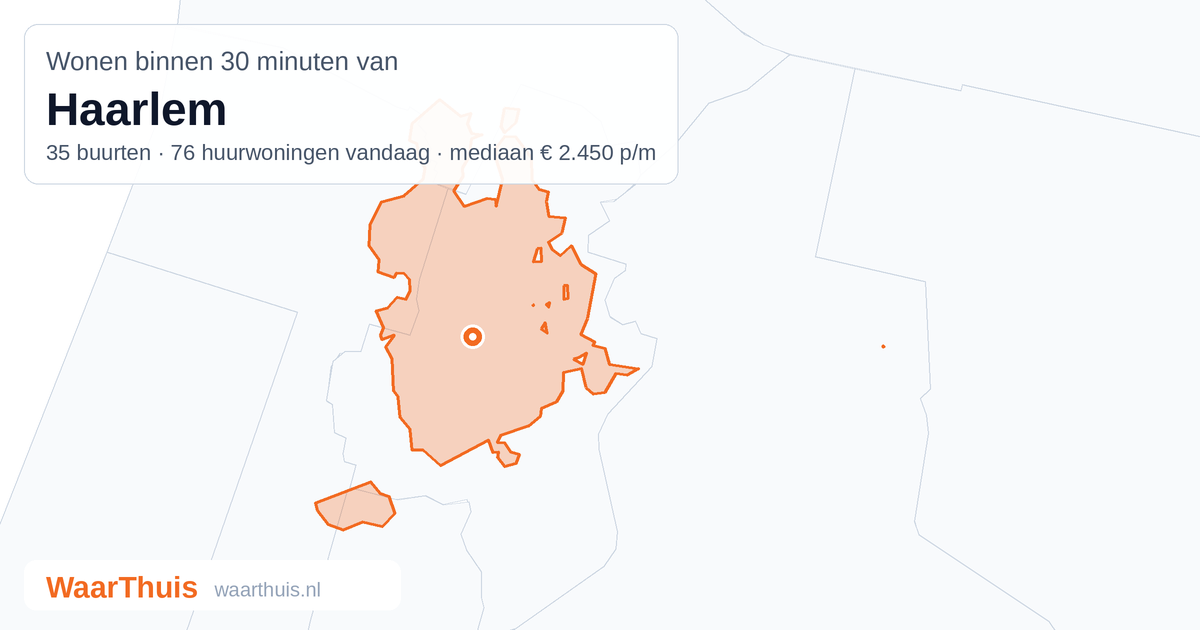 Kaart: het gebied binnen 30 minuten met het openbaar vervoer van Haarlem, met de buurten die erin liggen