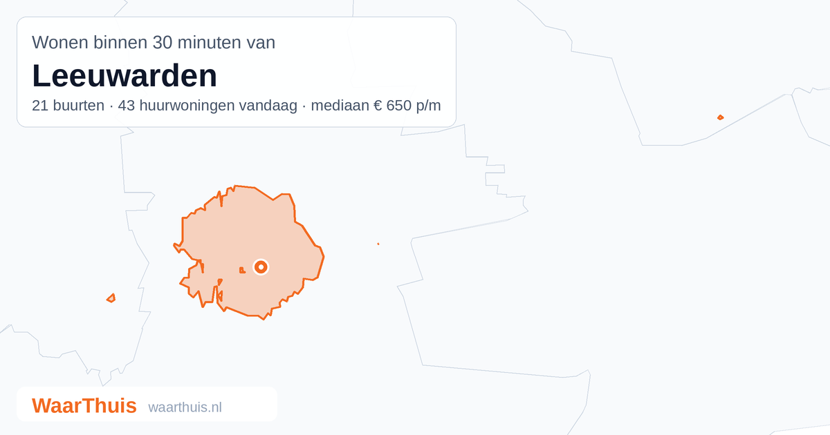 Kaart: het gebied binnen 30 minuten met het openbaar vervoer van Leeuwarden, met de buurten die erin liggen