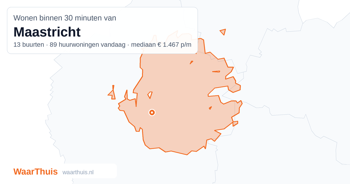 Kaart: het gebied binnen 30 minuten met het openbaar vervoer van Maastricht, met de buurten die erin liggen