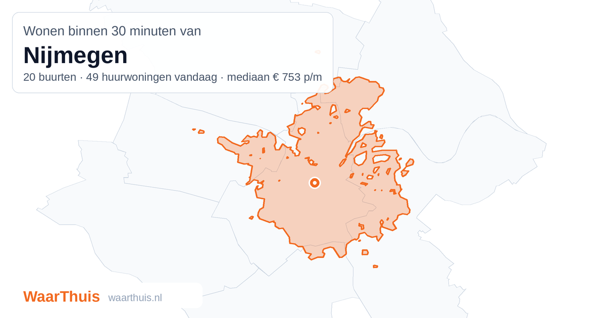 Kaart: het gebied binnen 30 minuten met het openbaar vervoer van Nijmegen, met de buurten die erin liggen