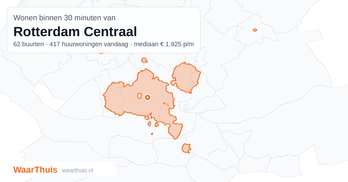 Kaart: het gebied binnen 30 minuten met het openbaar vervoer van Rotterdam Centraal, met de buurten die erin liggen