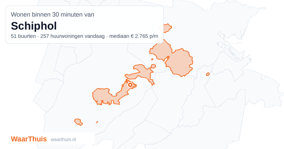 Kaart: het gebied binnen 30 minuten met het openbaar vervoer van Schiphol, met de buurten die erin liggen