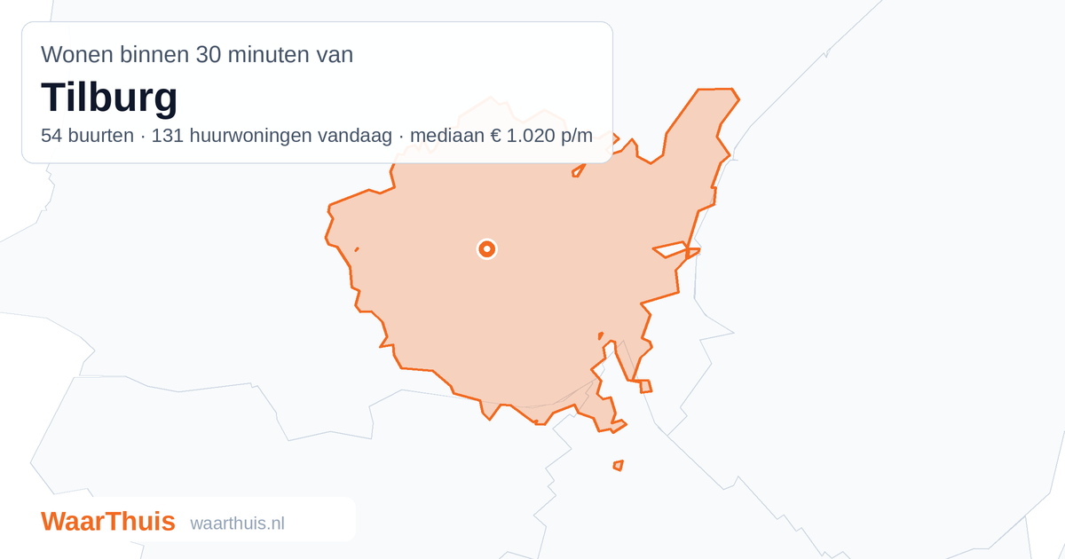 Kaart: het gebied binnen 30 minuten met het openbaar vervoer van Tilburg, met de buurten die erin liggen