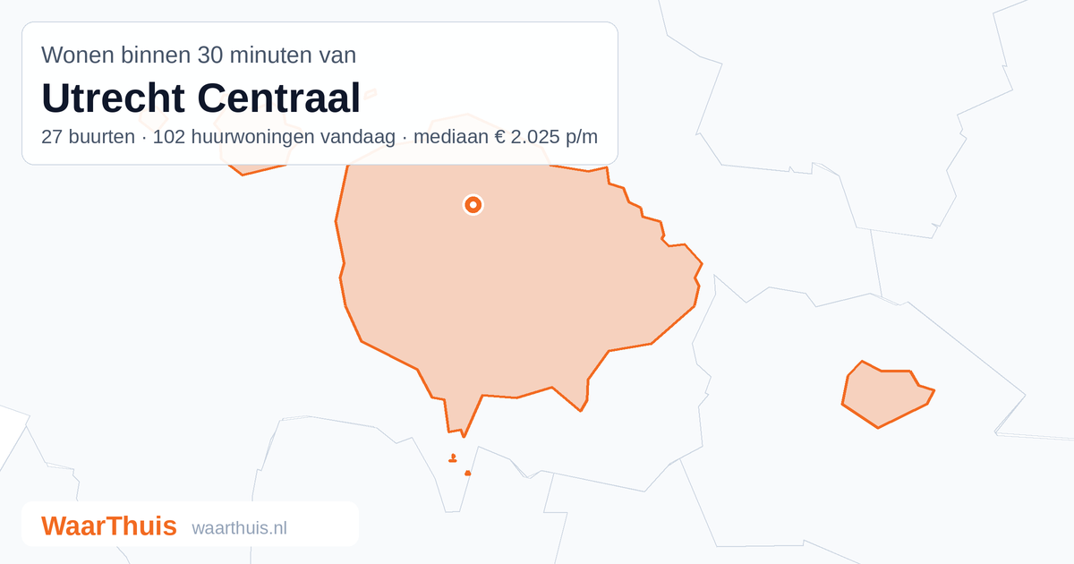 Kaart: het gebied binnen 30 minuten met het openbaar vervoer van Utrecht Centraal, met de buurten die erin liggen