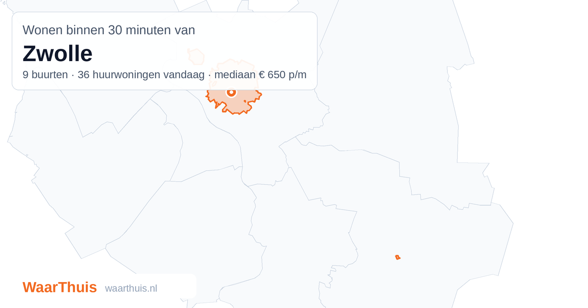 Kaart: het gebied binnen 30 minuten met het openbaar vervoer van Zwolle, met de buurten die erin liggen
