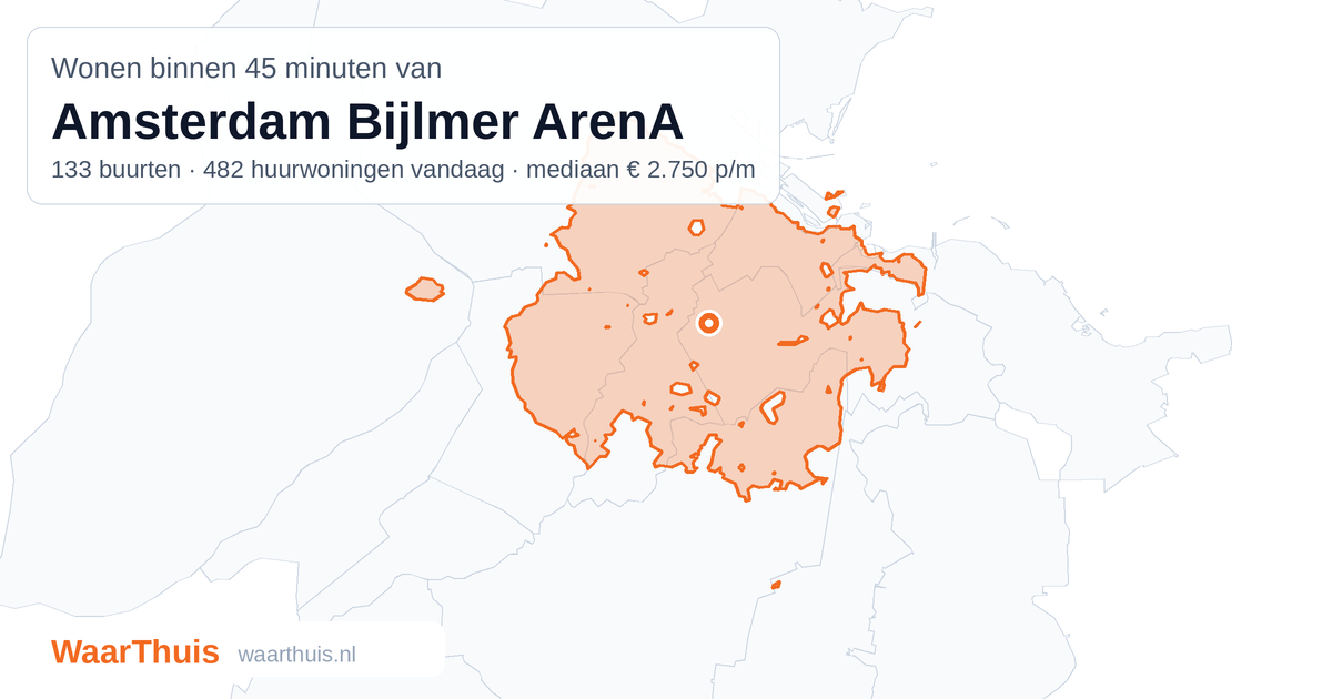 Kaart: het gebied binnen 45 minuten met het openbaar vervoer van Amsterdam Bijlmer ArenA, met de buurten die erin liggen