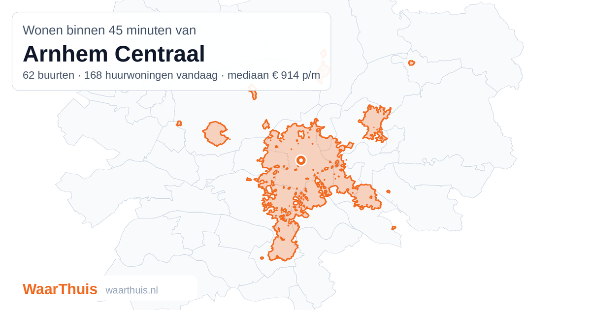 Kaart: het gebied binnen 45 minuten met het openbaar vervoer van Arnhem Centraal, met de buurten die erin liggen