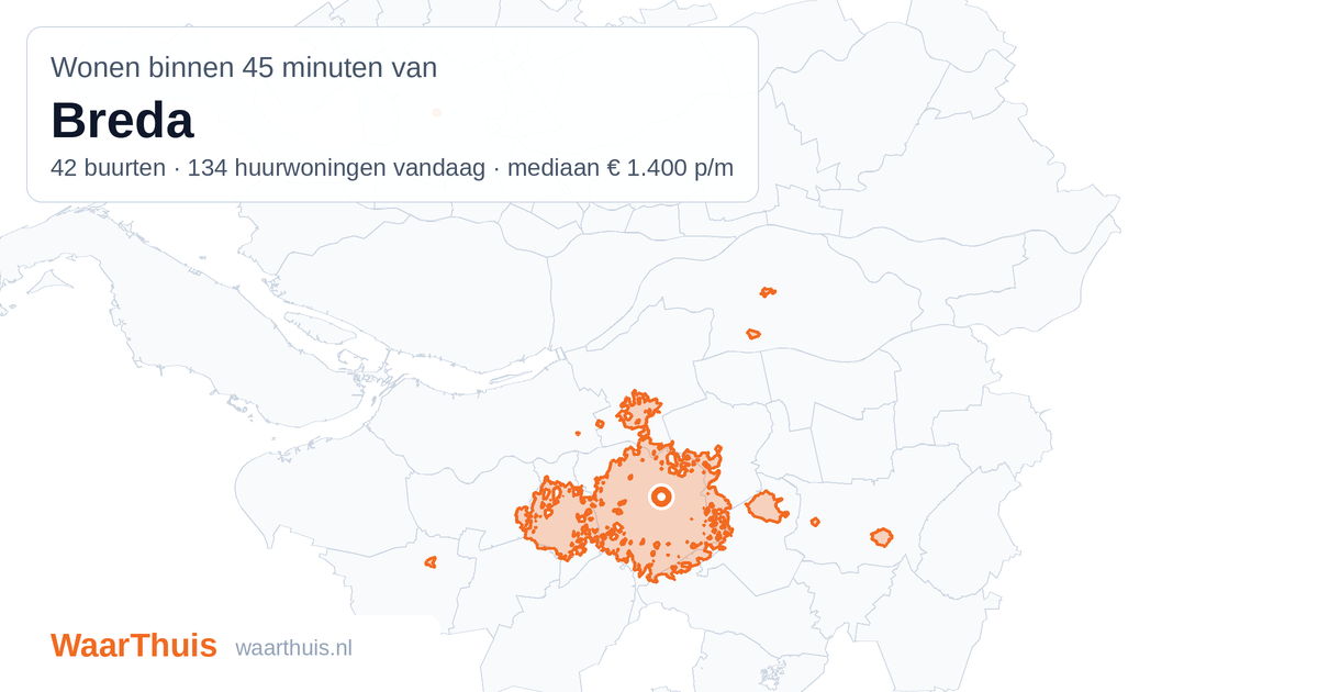 Kaart: het gebied binnen 45 minuten met het openbaar vervoer van Breda, met de buurten die erin liggen