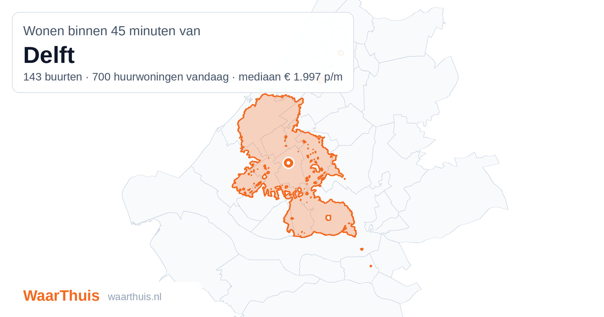 Kaart: het gebied binnen 45 minuten met het openbaar vervoer van Delft, met de buurten die erin liggen