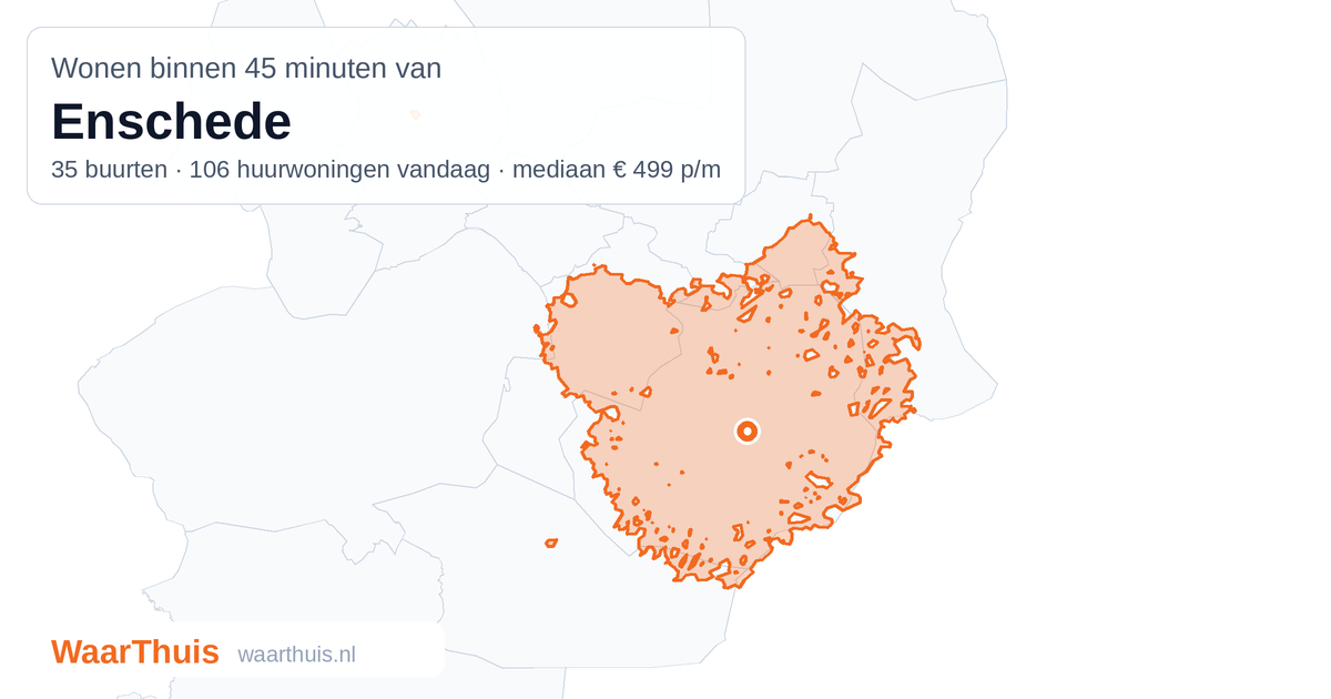 Kaart: het gebied binnen 45 minuten met het openbaar vervoer van Enschede, met de buurten die erin liggen