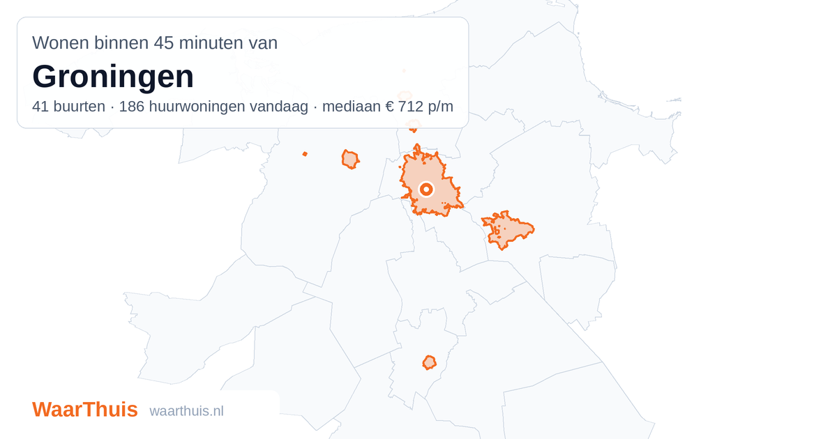 Kaart: het gebied binnen 45 minuten met het openbaar vervoer van Groningen, met de buurten die erin liggen