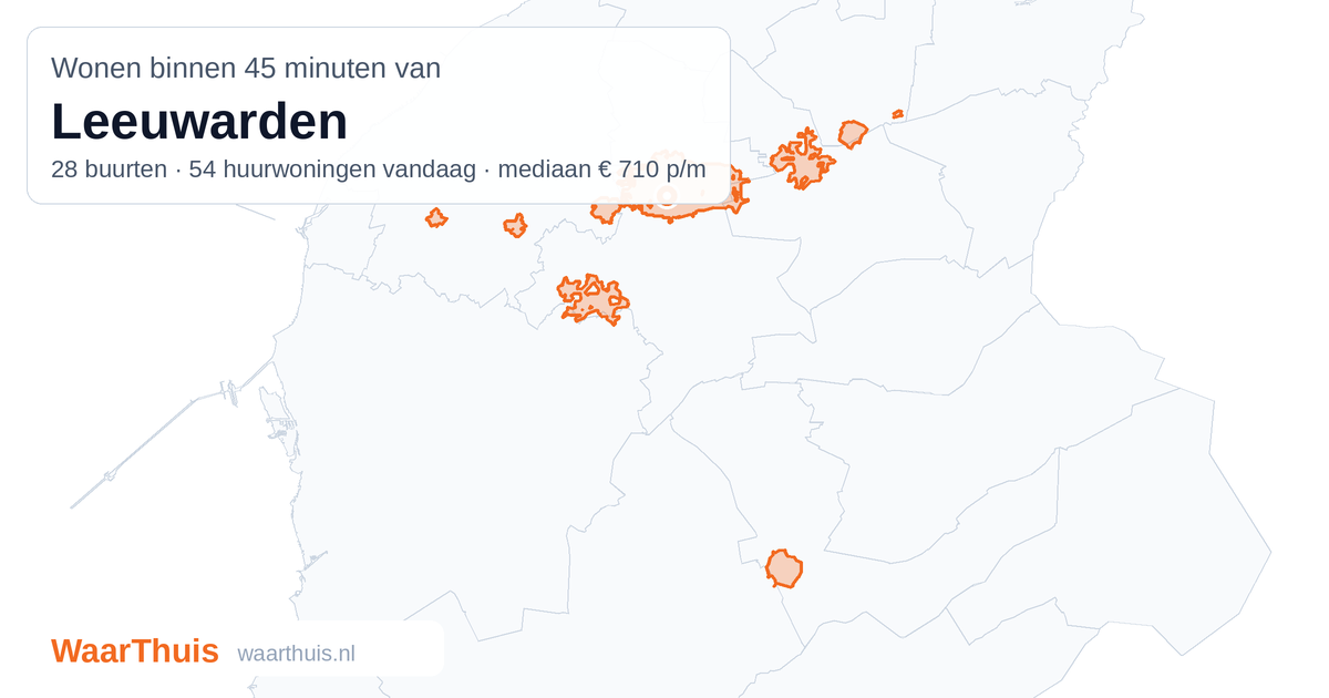 Kaart: het gebied binnen 45 minuten met het openbaar vervoer van Leeuwarden, met de buurten die erin liggen