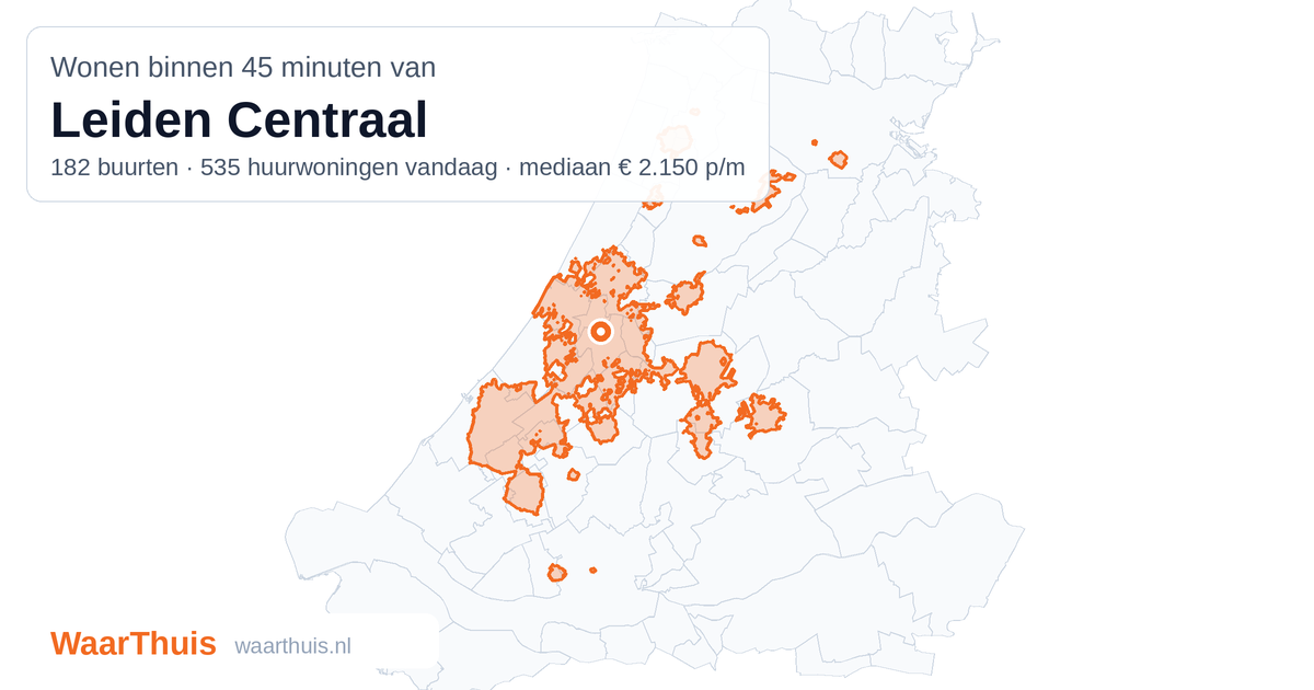 Kaart: het gebied binnen 45 minuten met het openbaar vervoer van Leiden Centraal, met de buurten die erin liggen