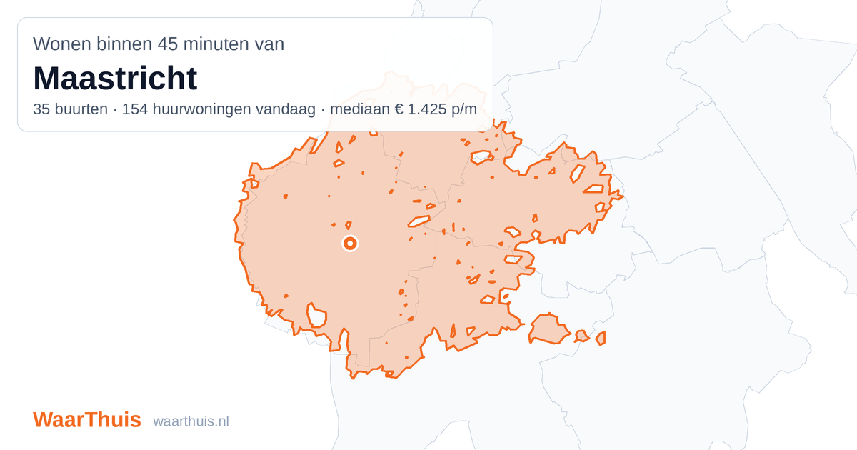 Kaart: het gebied binnen 45 minuten met het openbaar vervoer van Maastricht, met de buurten die erin liggen