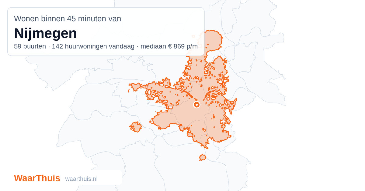 Kaart: het gebied binnen 45 minuten met het openbaar vervoer van Nijmegen, met de buurten die erin liggen