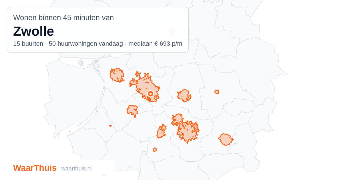 Kaart: het gebied binnen 45 minuten met het openbaar vervoer van Zwolle, met de buurten die erin liggen